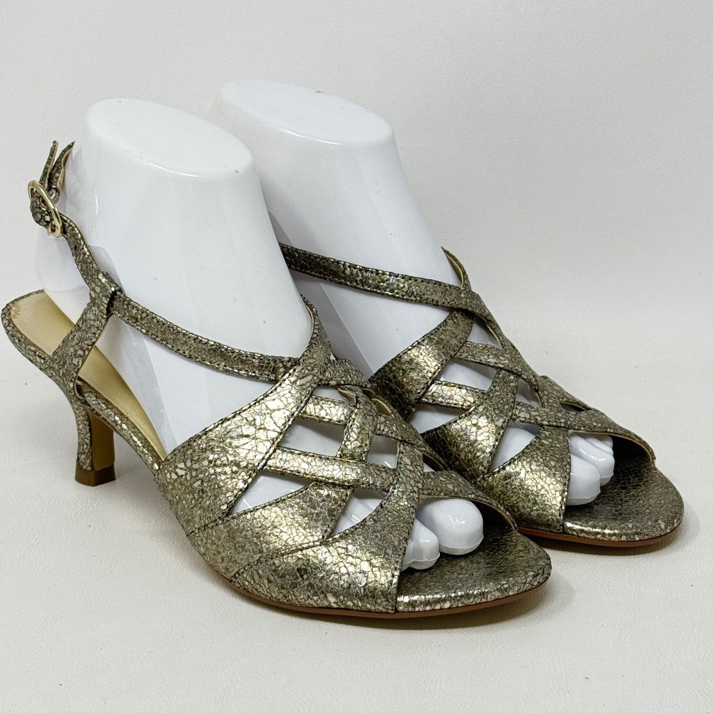 Franco Sarto HAZE Gold Metallic Texture Leather Strappy Kitten Heel 7M Cocktail